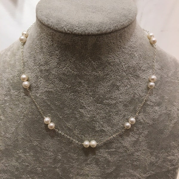 Cultured  White Freshwater  Pearl  Tin Cup Necklace16" With 2" Extender