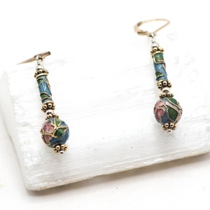 Vintage Cloisonné Enameled Drop Earring With 14K Gold Plated Lever Back Ear Wire