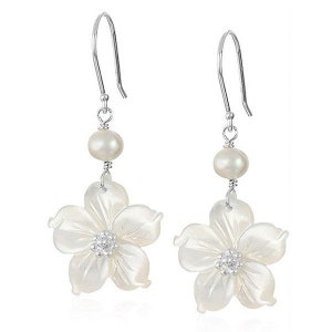 White Mother-of-Pearl Flowers w/ White Freshwater Cultured Pearl Drop Earrings