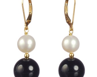 Black Onyx & Freshwater Pearl Dangle Earrings on 14k Gold-filled or Gold-tone Leverbacks