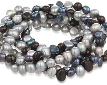 7-Piece Black, Peacock, Silver Grey, Freshwater Cultured Pearl Stretch Bracelets