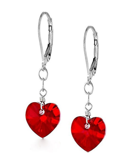 Valentines Heart Shaped  Austrian Crystal Sterling Silver Earrings, Various Colors