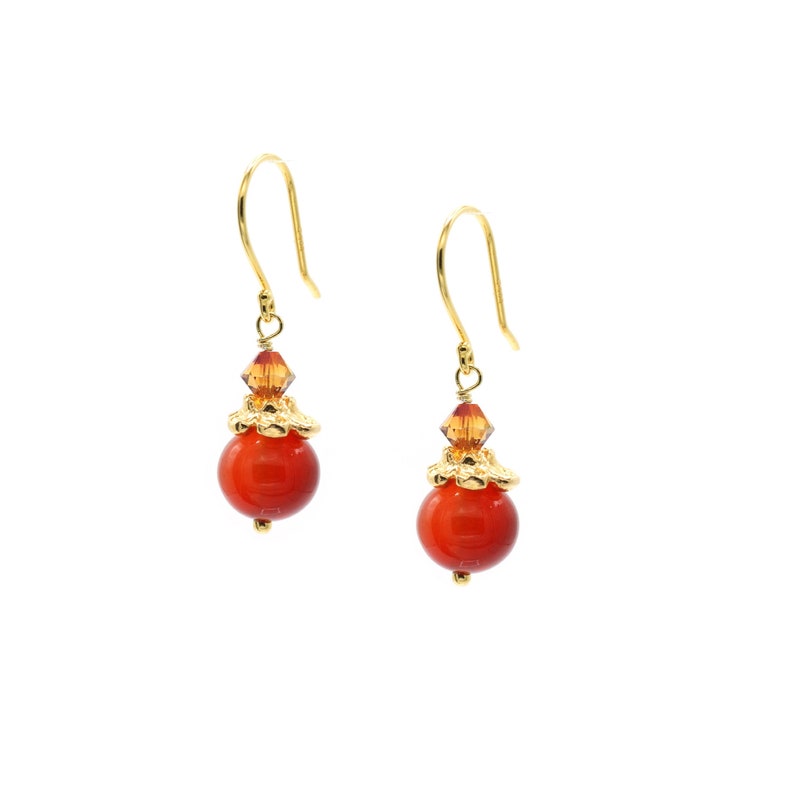 14 K Gold Plated Flower Cap Accented Carnelian and Faceted European Glass Drop Earrings