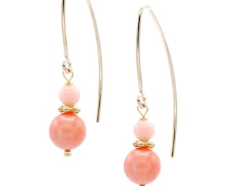 14k Gold Filled Marquise Drop Earrings Made with Round Coral Beads