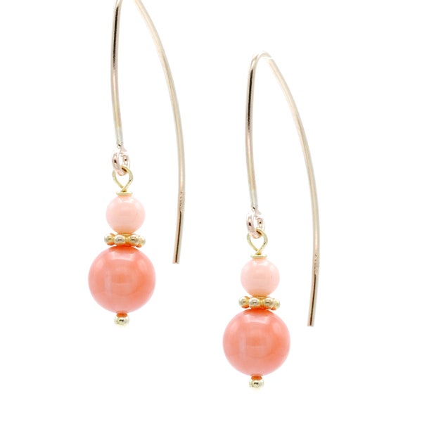 14k Gold Filled Marquise Drop Earrings Made with Round Coral Beads