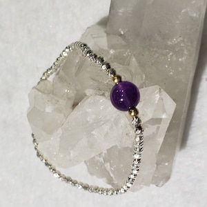 Sterling Silver Beaded Stretch Bracelet With 8mm Amethyst Accent