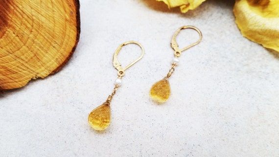 Citrine Pear Shape Faceted and Potato Pearl Drop Earrings on 14k Gold-filled or Gold-tone Leverbacks