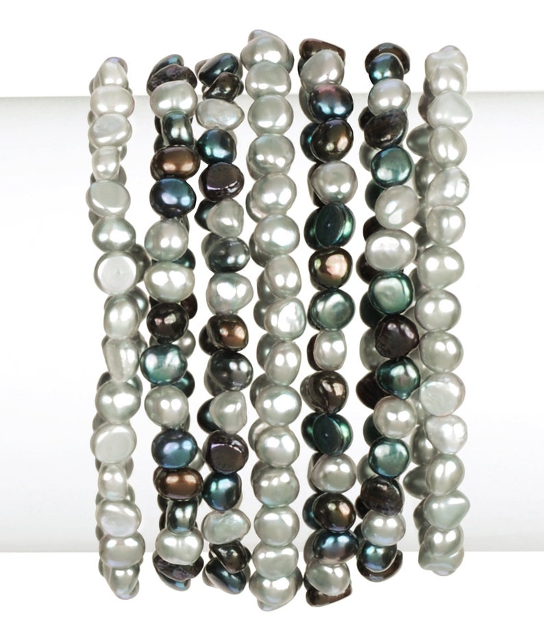 Bracelets extensibles de 7 pièces noires, paon, gris argenté, perles de culture d'eau douce image 2