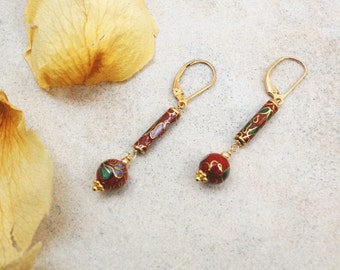 Vintage Cloisonné Round & Tube Style Earrings on 14k Gold-filled or Gold-tone Base Metal Leverbacks