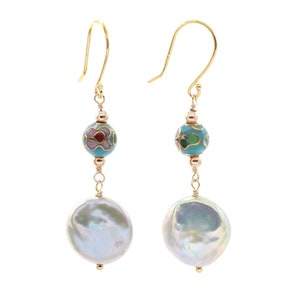 Women's Freshwater Coin Pearl and Vintage Floral Cloisonné Drop Earrings