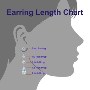 May include: A diagram showing different earring lengths, from a stud earring to a 2 inch drop. The diagram shows a side profile of a person's ear with different lengths of earrings marked with lines and text.