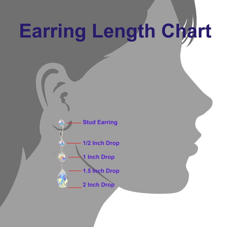 May include: A diagram showing different earring lengths, from a stud earring to a 2 inch drop. The diagram shows a side profile of a person's ear with different lengths of earrings marked with lines and text.