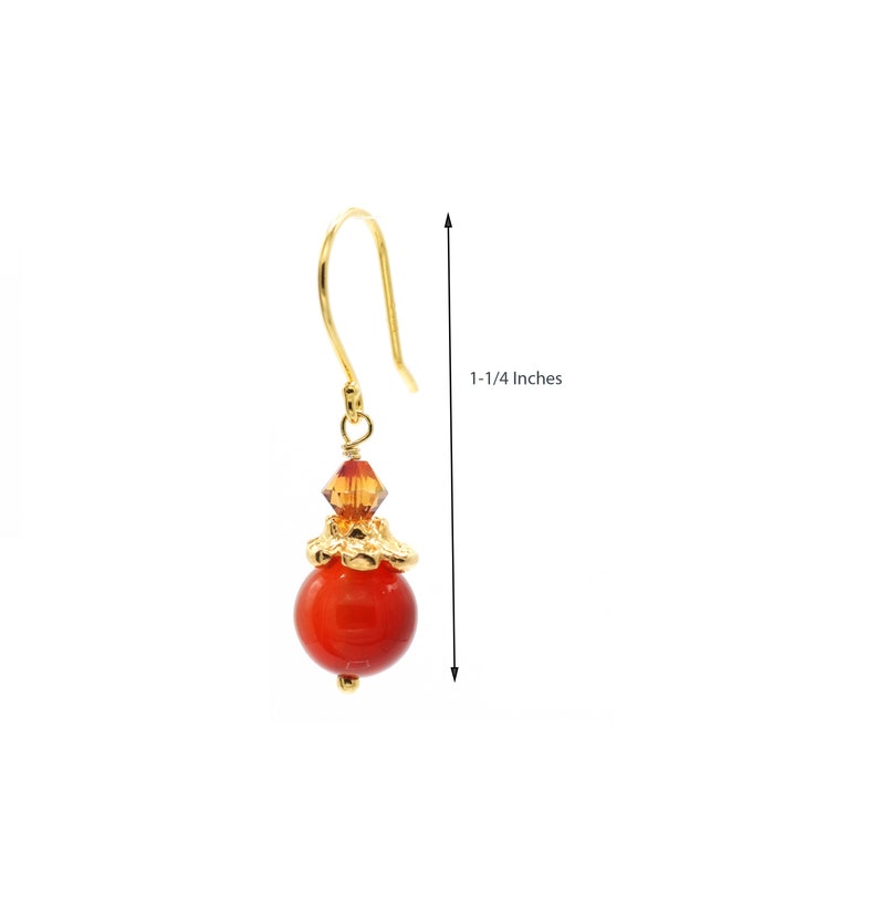 14 K Gold Plated Flower Cap Accented Carnelian and Faceted European Glass Drop Earrings