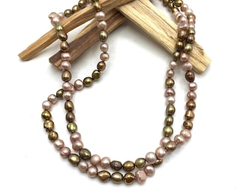 36" Knotted Baroque Freshwater Pearl Necklace, Champagne Coffee Shades