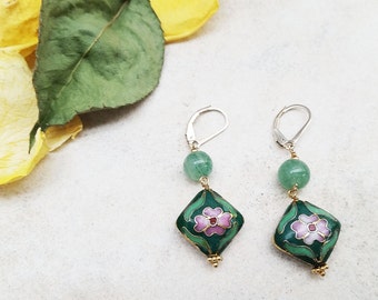 LTC Designs Green Aventurine and Cloisonne Earrings with 14k Gold-Filled Leverbacks