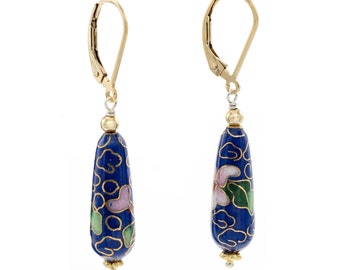 Vintage Cloisonné Dangle Earrings Floral Pattern Enamel Drop Earring 14k Gold Filled Ear Wires for Women, and Men