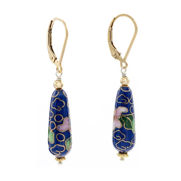 Vintage Cloisonné Dangle Earrings Floral Pattern Enamel Drop Earring 14k Gold Filled Ear Wires