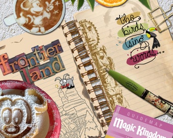 May include: A vintage-style notebook with a brown cover and a spiral binding. The notebook is open to a page with a hand-drawn illustration of a mountain range and the words "Frontier and" written in colorful letters. The notebook is surrounded by other items, including a cup of coffee with a Mickey Mouse design, a pen, and a guide map for Magic Kingdom.
