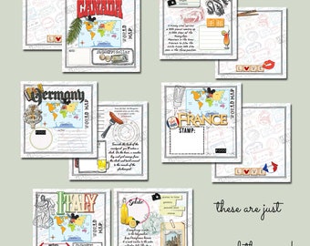 May include: A set of printable scrapbook pages with a travel theme. Each page features a different country, including Canada, Germany, France, Italy, and a blank page. The pages include maps, flags, and other travel-related graphics.