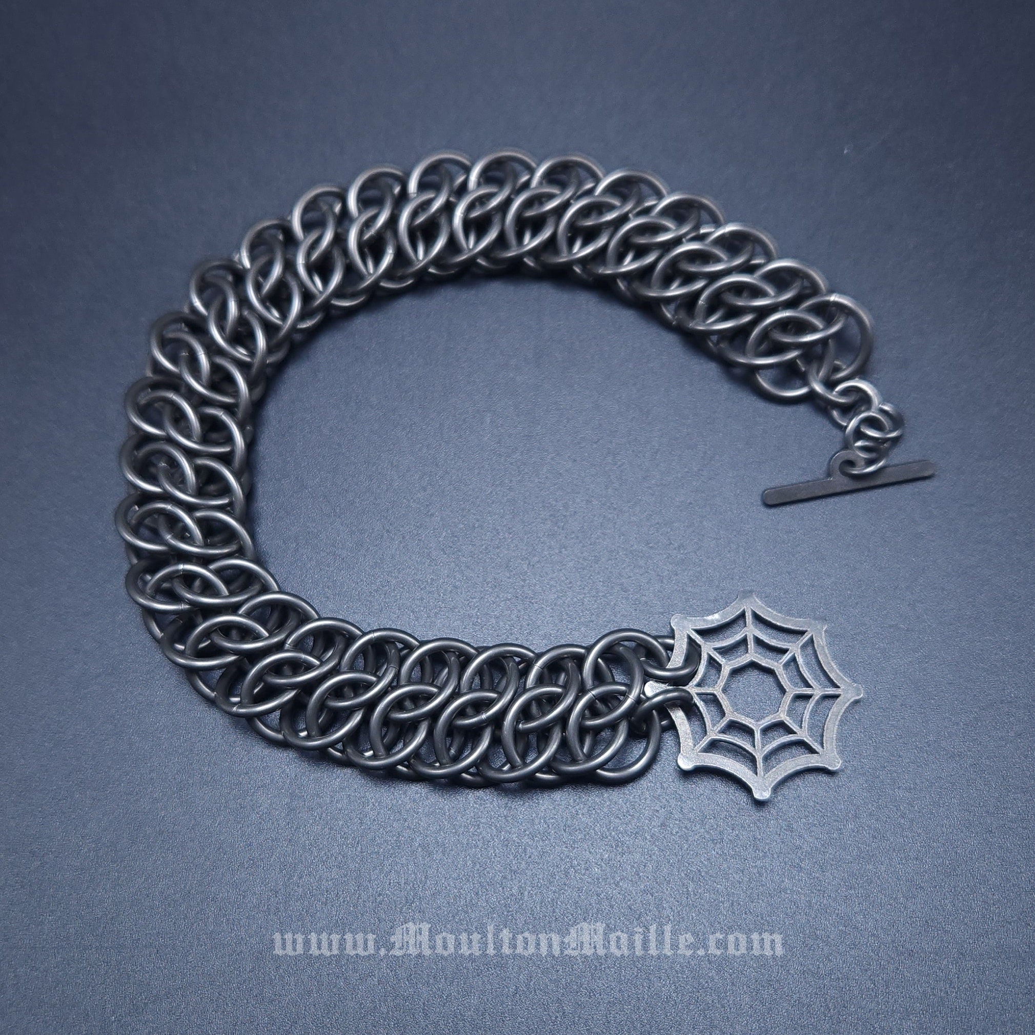 Spider Web Chainmaille Bracelet in Smoky Steel and Laser Cut Titanium ...
