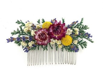 Hair Comb, Summer Hair Pins, Dried flowers, Preserved, Floral Comb, Clip, Wedding, Corsage, Prom, Bridal, Purple, White, Yellow, Green