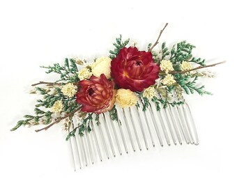 Peigne de saison, épingles à cheveux d'automne, fleurs séchées, préservé, peigne floral, pince, accessoire de mariage, corsage, bal de promo, mariée, rouge, blanc,