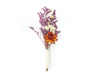 Boutonniere, Dried Flowers, Wedding Accessories, Preserved Floral, Bridal, Strawflower, Purple and Orange, Caspia