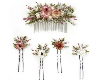 Peigne à cheveux, Épingles à cheveux, Fleurs séchées, stabilisé, Peigne à fleurs, Barrette, Printemps, Accessoire de mariage, Simple, Fée, Printemps, Bal de promo, Mariée