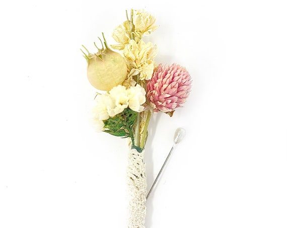 Wedding Boutonniere, Dried Flowers, Preserved Flowers, Bridal Accessories, Cream and Pink, Nigella, Larkspur