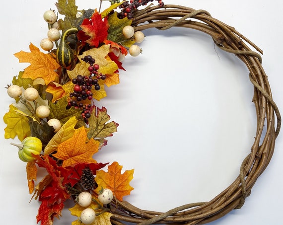 Fall Wreath, Autumn, Orange, GrapeVine, House Decoration, Decor, House, Simple, Leaves, Pumpkin, Red, Cream, twigs, door wreath,