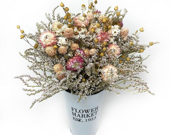 Mothers Day Flower Arrangement, Spring Bouquet, White Bucket, Strawflowers, Preserved, Dried Floral, Center Piece, German Statice