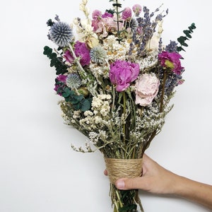 Wedding bouquets, Peonies, Globe Thistles, Eucalyptus, German Status Pink Peony Blue White Preserved Dried lavender bridal bouquet