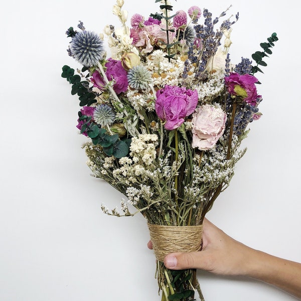 Dried Flower Bridal Bouquet, Peonies, Globe Thistles, Eucalyptus