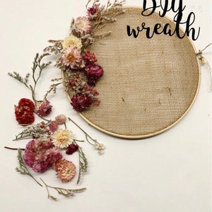 DIY Wreath Kit, Christmas Project, Dried Flowers, Mothers Day gift, Arts and Crafts, Embroidery Hoop, Colorful Decoration, Burlap, Gift