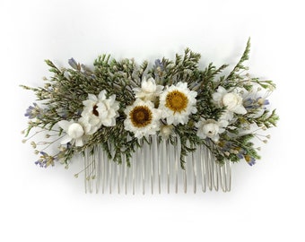 Peigne à cheveux, Épingles à cheveux, Fleurs séchées, stabilisé, Peigne à fleurs, À clip, Mariage, Corsage, Bal de promo, Mariée, Vert, Blanc