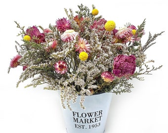 Dried Flower Arrangement, Spring Bouquet, White Bucket, Pink Purple Floral Centerpiece