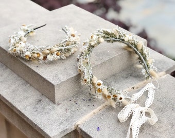 Couronne de mariage, serre-tête, couronne, halo, bohème, fleurs sauvages, floral, fleurs séchées, neutre, blanc, crème, séance photo, fantaisiste, simple