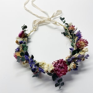 Dried Flower Floral Crown, Eucalyptus Strawflower Head Wreath image 1