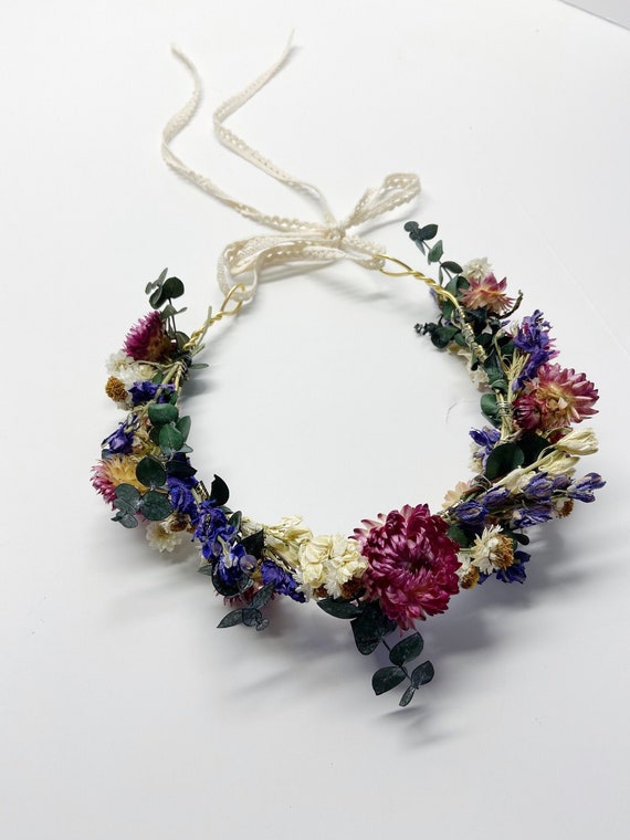 Dried Flower Floral Crown, Eucalyptus Strawflower Head Wreath