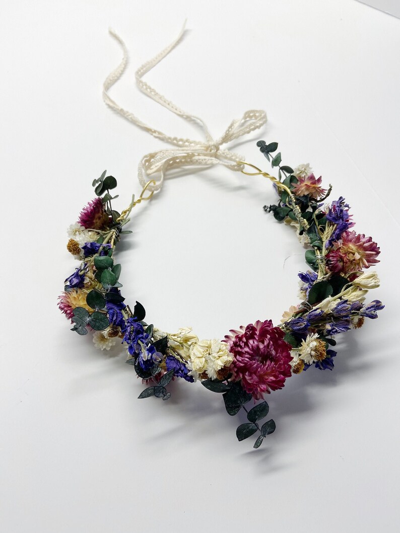 Dried Flower Floral Crown, Eucalyptus Strawflower Head Wreath image 1
