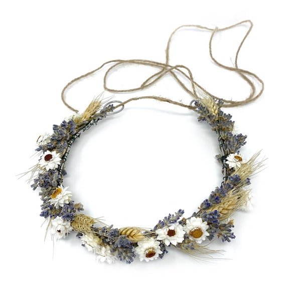 Wedding Head Wreath, Hair Accessory, Floral, Dried Flowers, Simple, Rustic, Preserved, Lavender, Ammobium, Blond Wheat