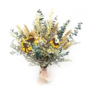 Sonnenblumen-Hochzeitsstrauß, Trockenblumen, Sommer, Herbst, Wildblumen, Boho, Konserviert, Floral, Eukalyptus, Brautschmuck, German Statice
