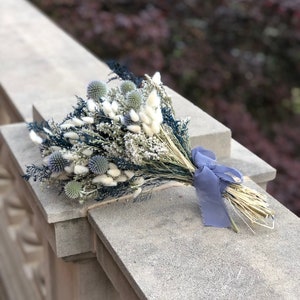 Wedding Bouquet, Dried Flowers, Winter, Preserved, Bridal, Globe Thistle, Bunny Tails, White, Ribbon, German Statice, Caspia, Blue, Dried