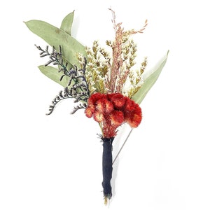 Boutonniere, Dried Flowers, Preserved Floral, Wedding Accessories, Coxcomb, Greenery, Caspia, Bridal