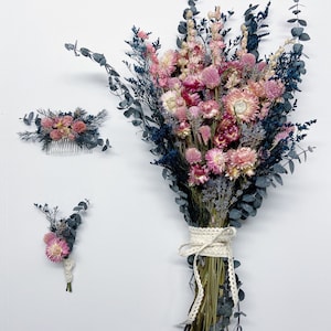 Valentine Bouquet, Dried flowers, Preserved Florals, Strawflowers, Bridal, Pink and Blue Bouquet, Eucalyptus, Lavender, Wedding,
