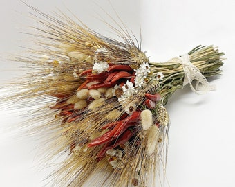 Fall Bouquet, Chili Peppers, Dried Flowers, Bunny Tails, Bridal, Red, Ammobium, Country, Preserved Flowers, Wheat