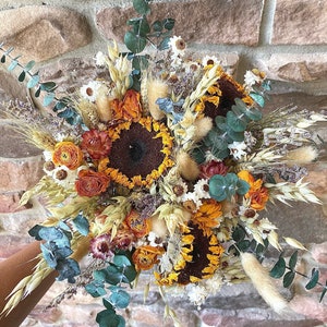 Sunflower Wedding bouquet, Dried Flowers, Summer, Fall, Wildflowers, Boho, Preserved, Floral, Orange, Bridal, Fall Colors, Strawflowers