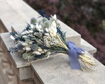 Wedding Bouquet, Dried Flowers, Winter, Preserved, Bridal, Globe Thistle, Bunny Tails, White, Ribbon, German Statice, Caspia, Blue, Dried