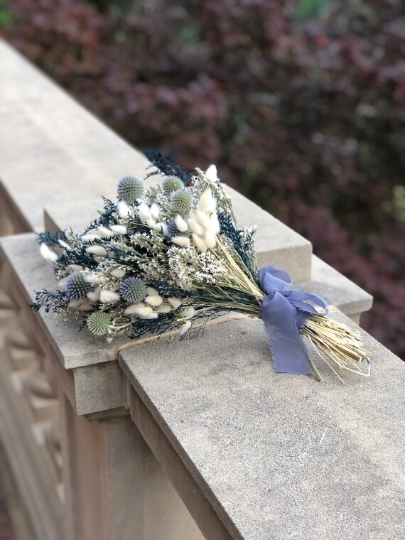 Wedding Bouquet, Dried Flowers, Winter, Preserved, Bridal, Globe Thistle, Bunny Tails, White, Ribbon, German Statice, Caspia, Blue, Dried