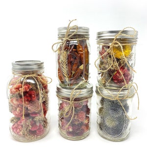 Mason Jars Filled With Dried Flowers, Preserved Floral, Home Decor, Gifts, Globe Amaranth, Pink Blue Red Flowers, Wheat, Peppers